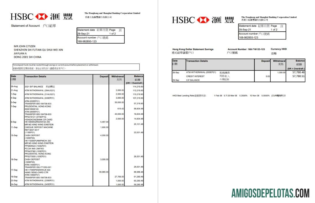 em branco Hong Kong HSBC The Hongkong And Shanghai Banking Corporation Modelo de extrato bancário em formato Excel e PDF (2 páginas)